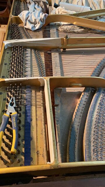 Strings are removed from Bluthner grand piano ready for further work and bespoke replacements
